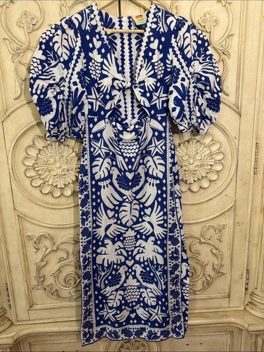 Farm Rio Jungle Scarf Puff Sleeve Cutout Linen Blend Dress In Navy Blue Size S - Picture 6 of 16